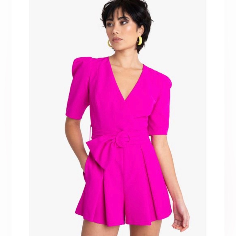 NEW Black Halo Maricopa Puff Sleeve Belted Romper in Vibrant Pink Women's Sz 0